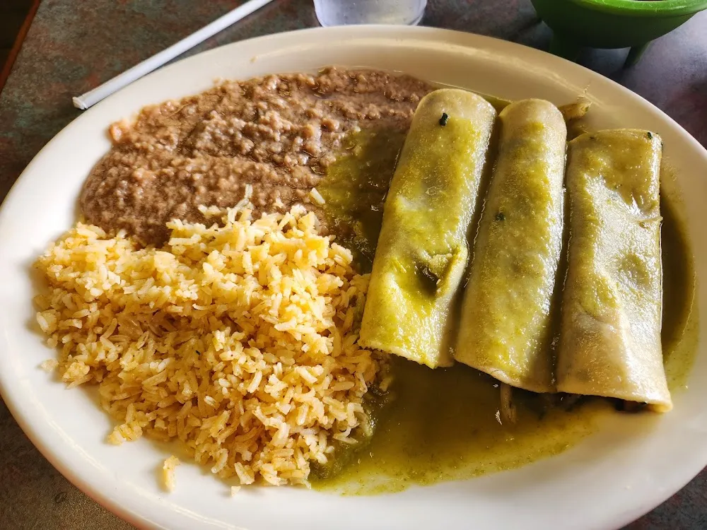 Spinach Enchiladas with Rice and Beans
